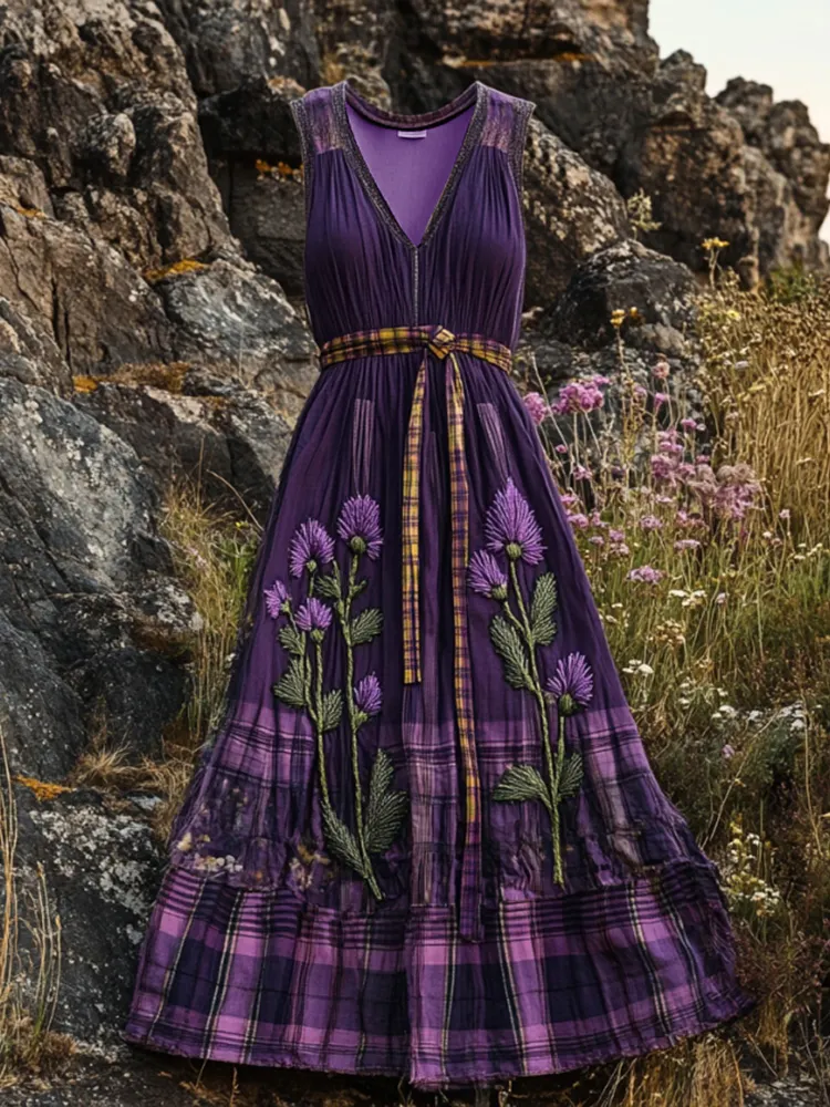 Vintage Scottish Tartan Thistle Embroidery V-neck Sleeveless Midi Dress