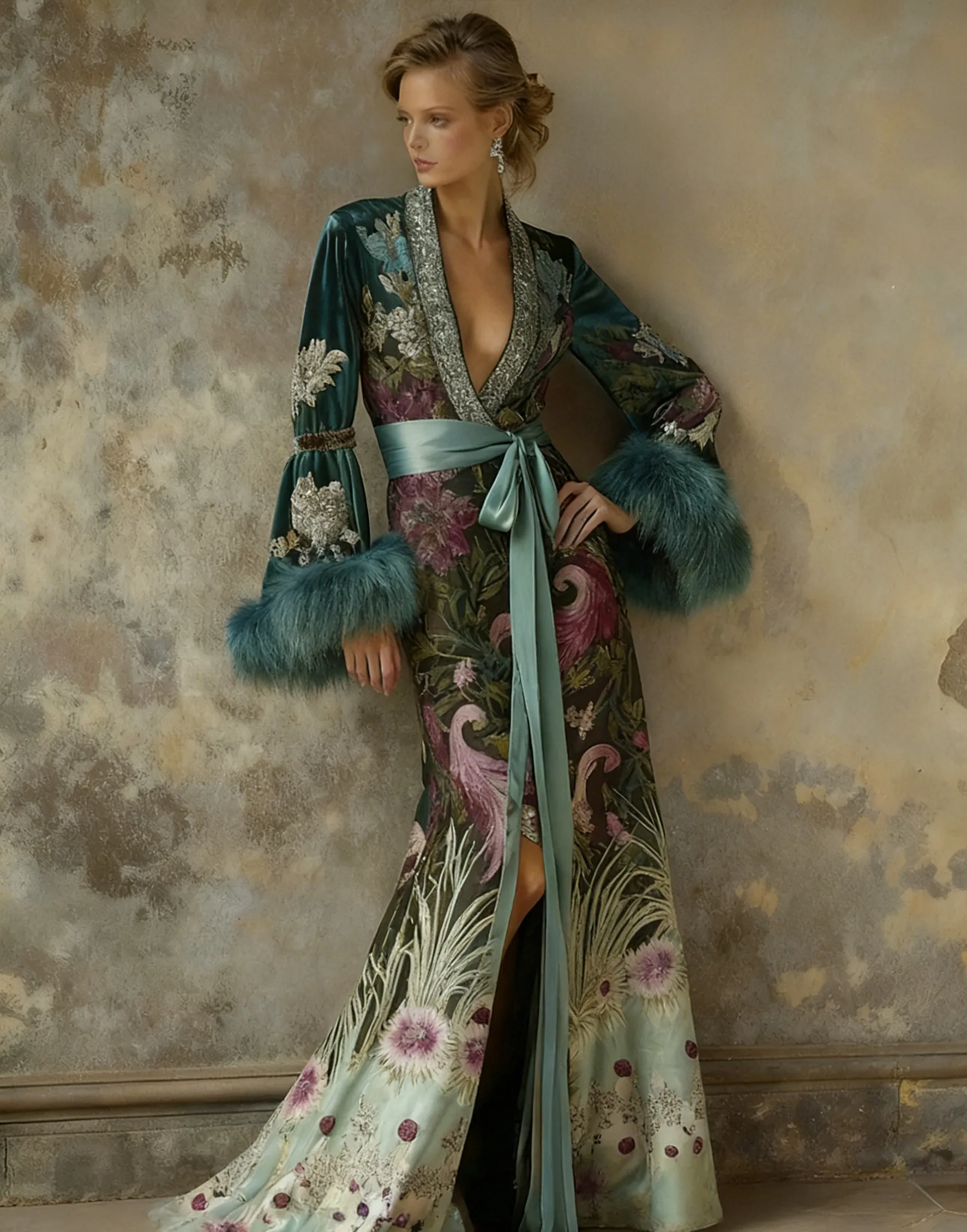 Artistic floral print kimono robe, autumn/winter long robe with sash.