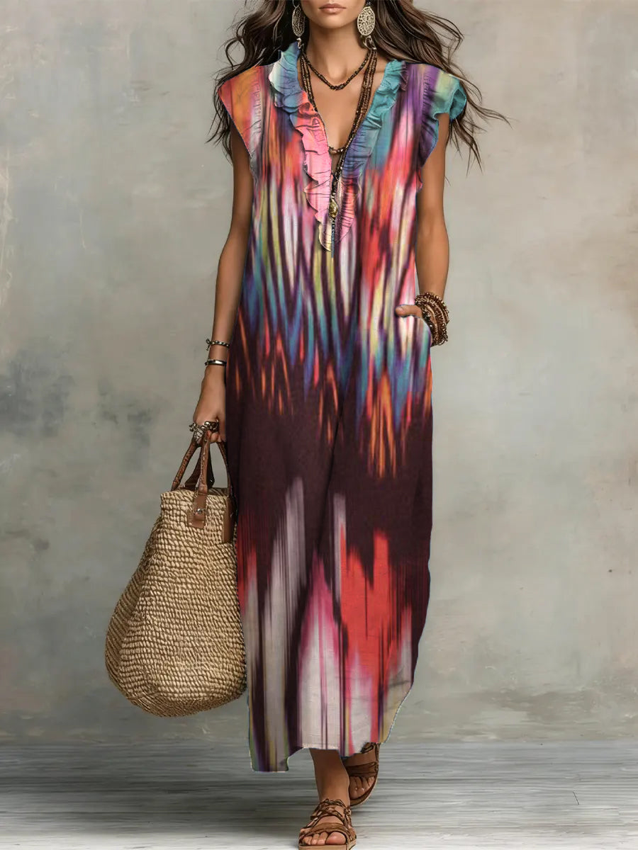Abstract Print V-Neck Ruffle-Trim Maxi Dress