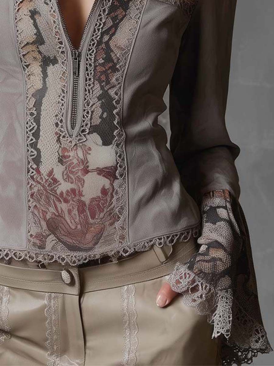 Vintage Patchwork Eco-Suede Blouse With Lace & Floral Prints