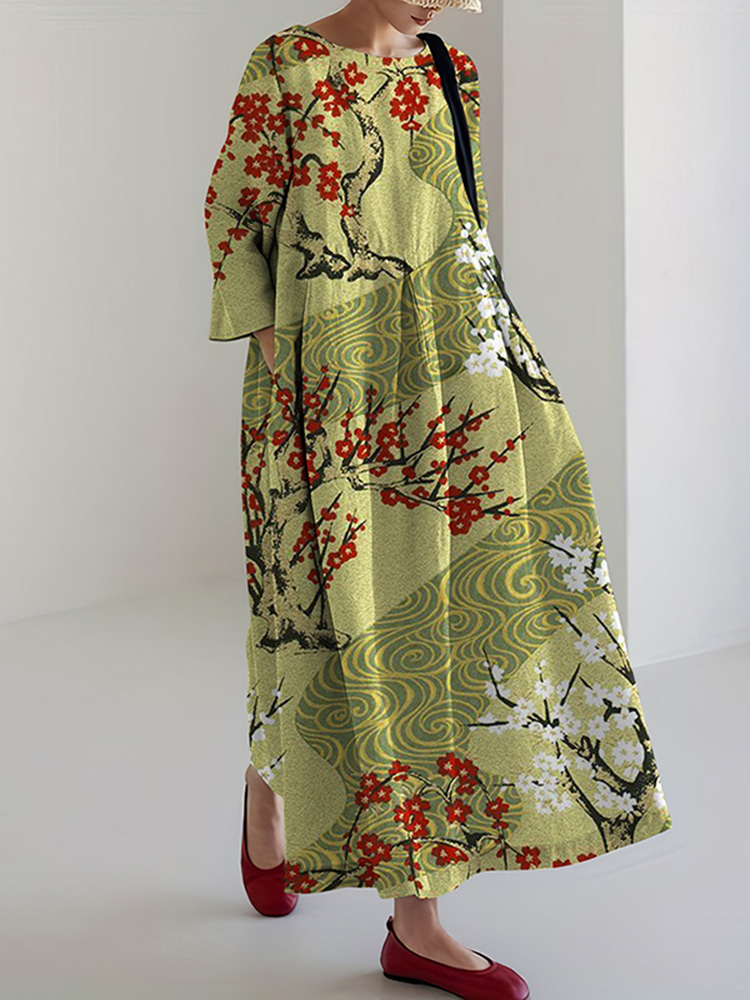 Japanese Cherry Blossom Print Loose Midi Dress