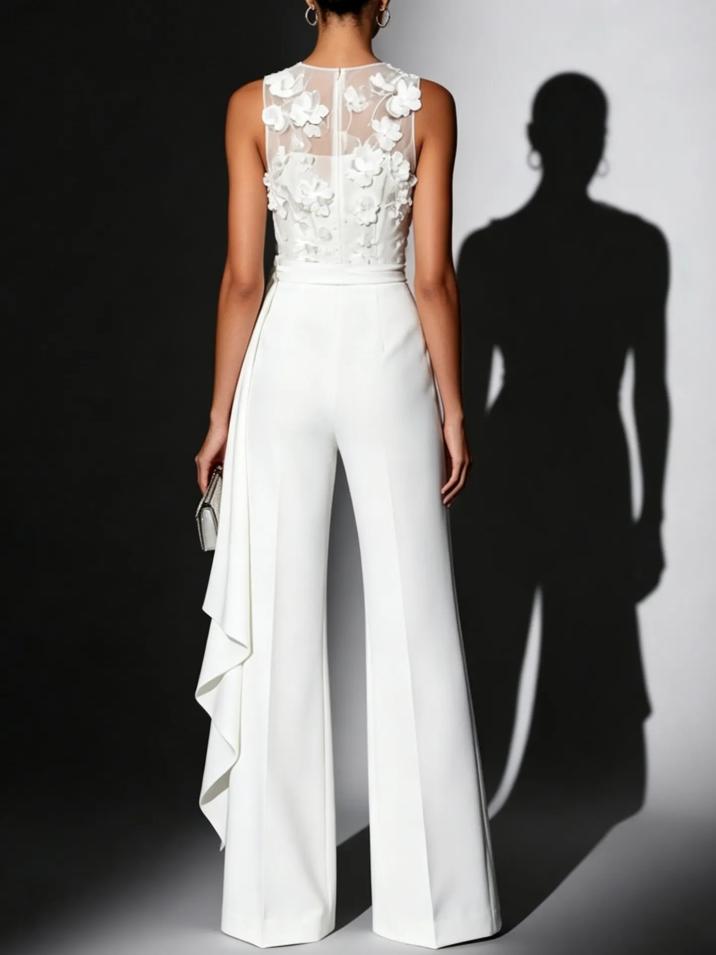 White 3D Floral Crew Neck Sleeveless Elegant Jumpsuit