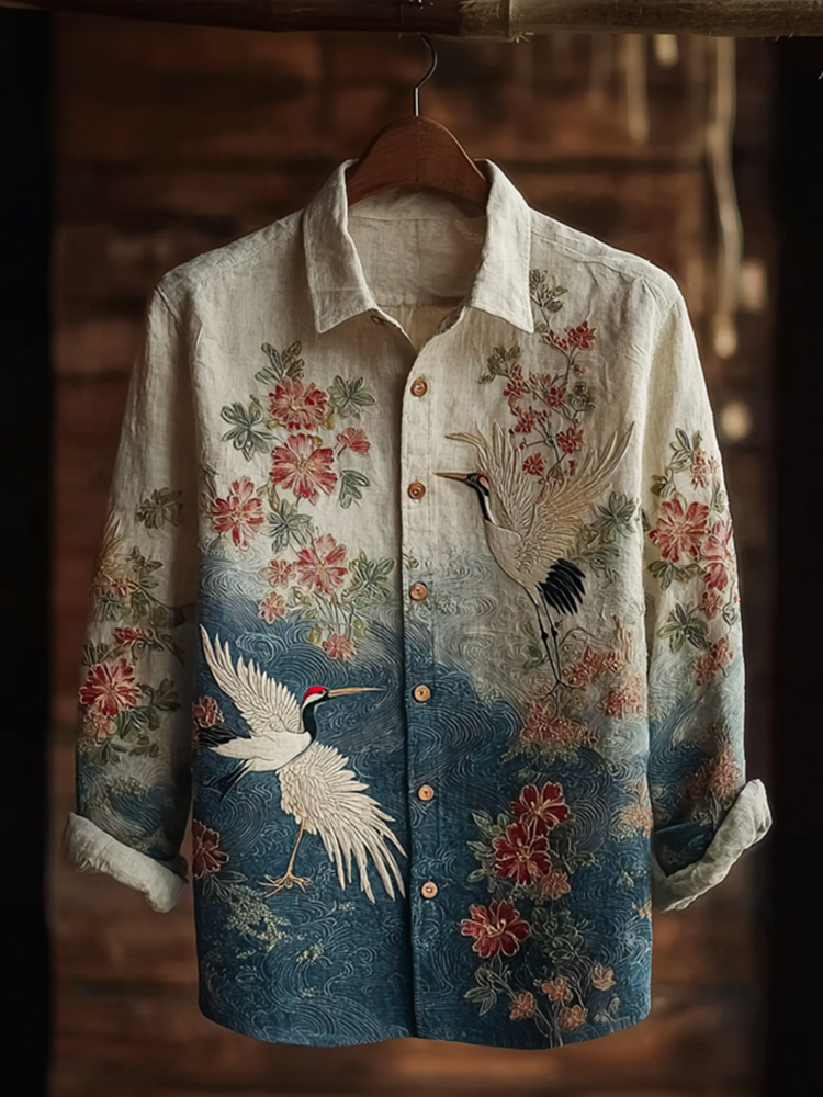Japanese Art Retro Style Plant Flower & Crane Pattern Men's Cotton & Linen Shirt