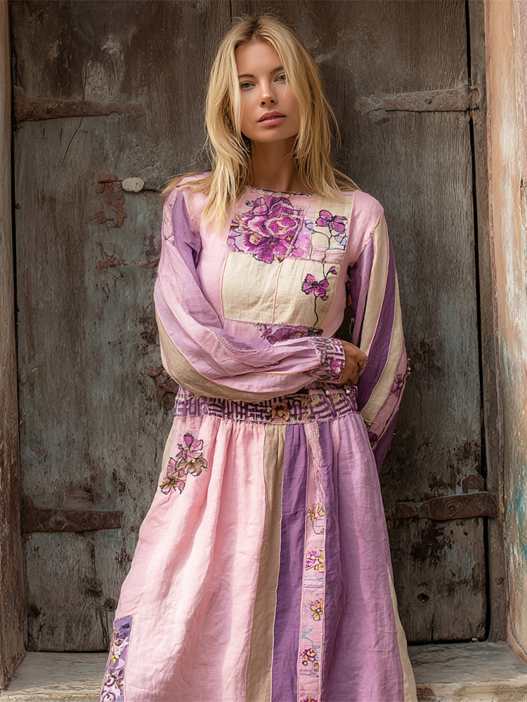 Boho Floral Pattern Women's Linen Midi Dress