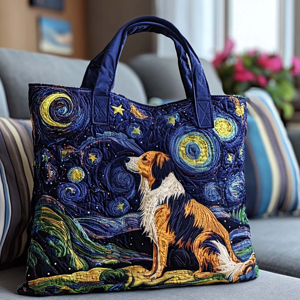 Starry Night Dog Quilted Tote Bag