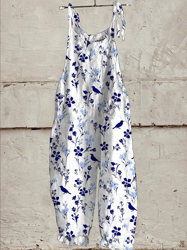 Birds In Floral Garden Pattern Printed Women's Casual Wide-Leg Jumpsuit