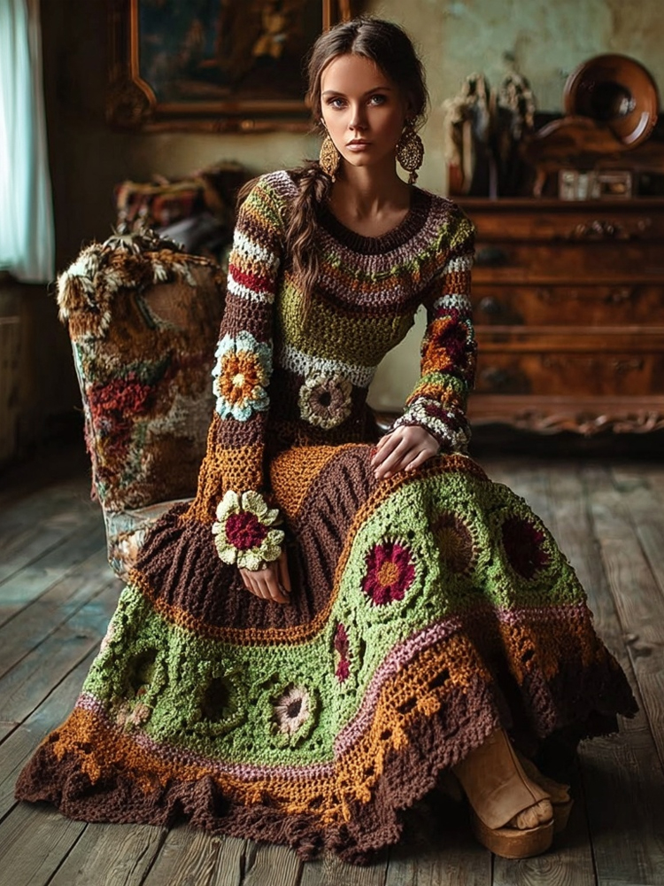 Vintage Bohemia Flower Crochet Patchwork Maxi Sweater Dress