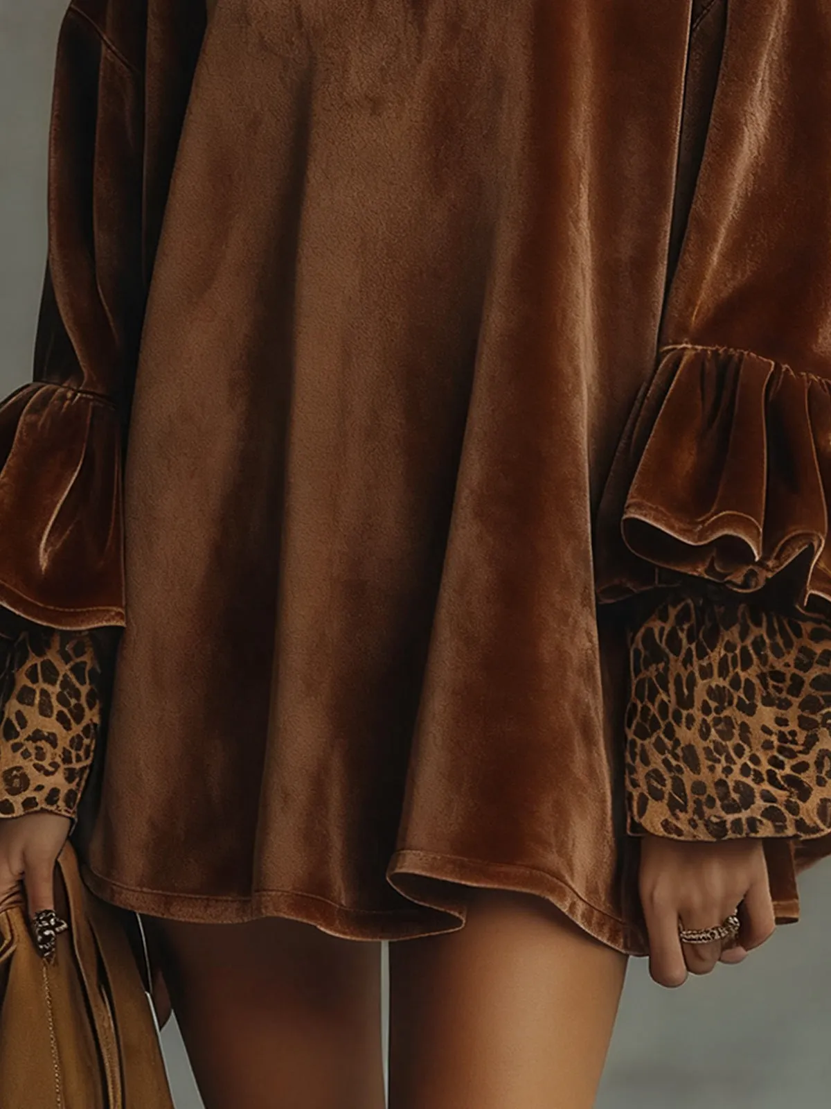 Chocolate Velvet Leopard Cuff Flounce Sleeve Mini Dress