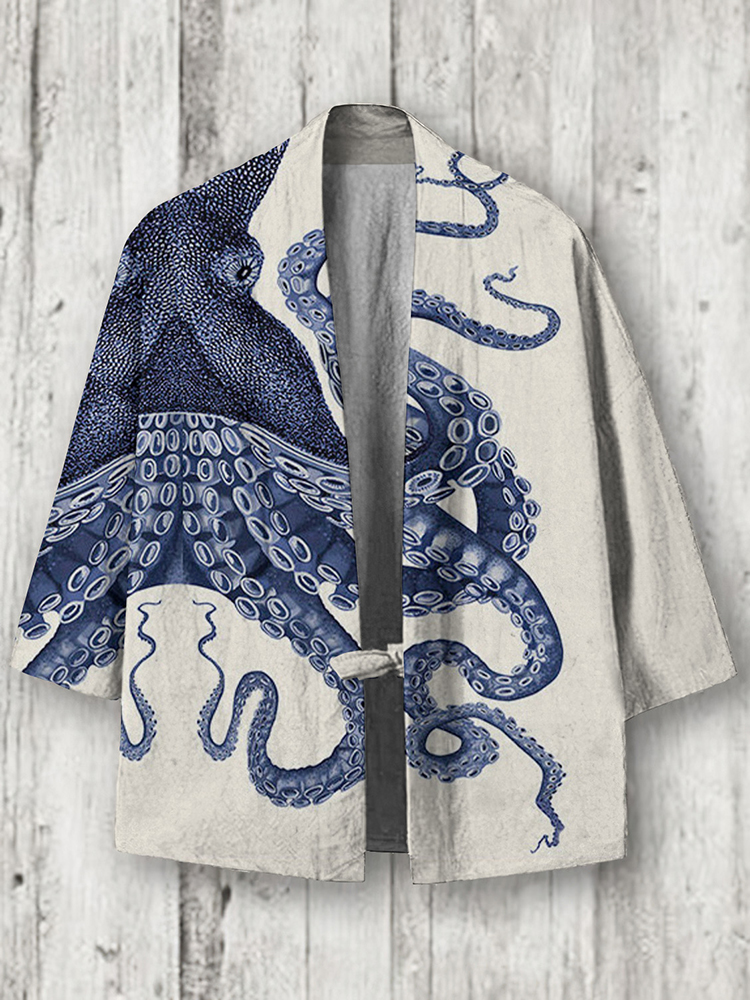 Japanese Art Octopus Graphic Printed Blend Kimono
