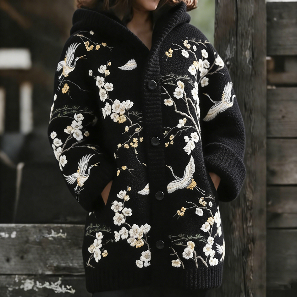 Retro Flower & Bird Pattern Women's Casual Sweater Coat
