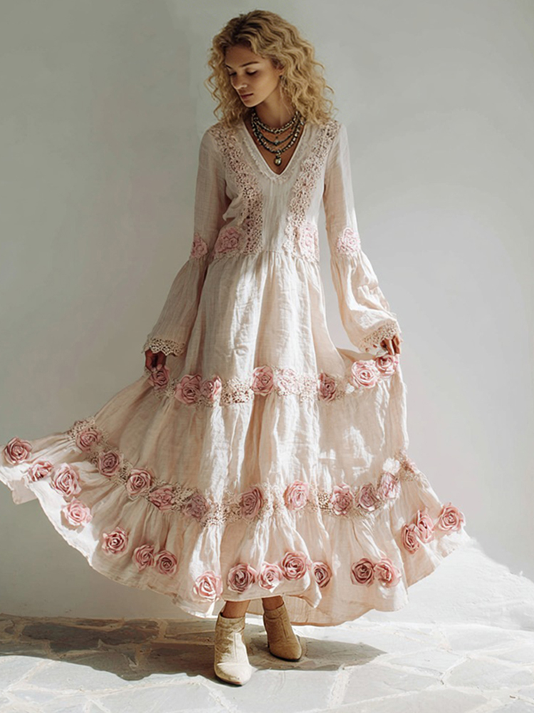 Women's Bohemian Style Rose Patchwork Lace Casual Dress