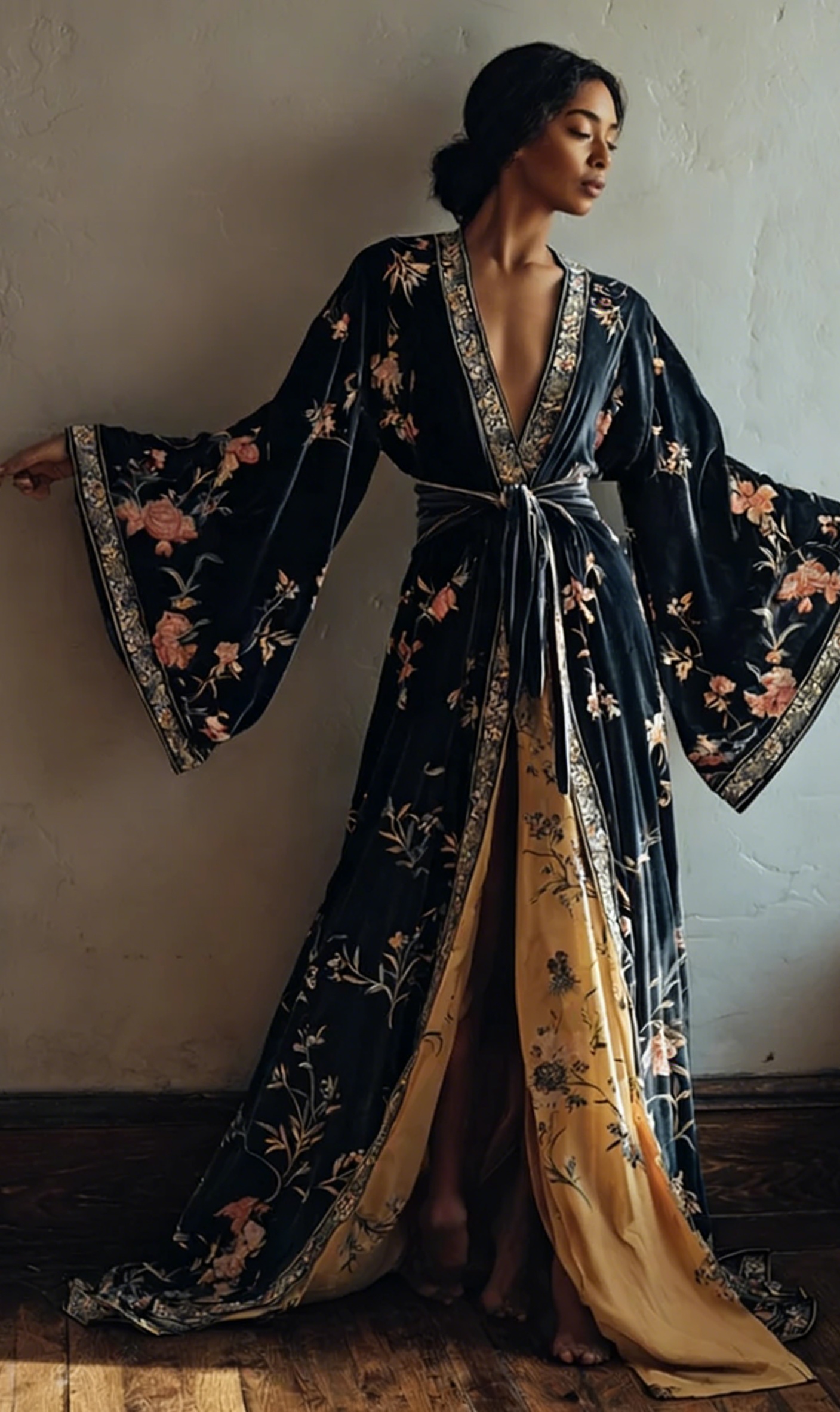 Elegant autumn/winter vintage floral style velvet robe (with belt)