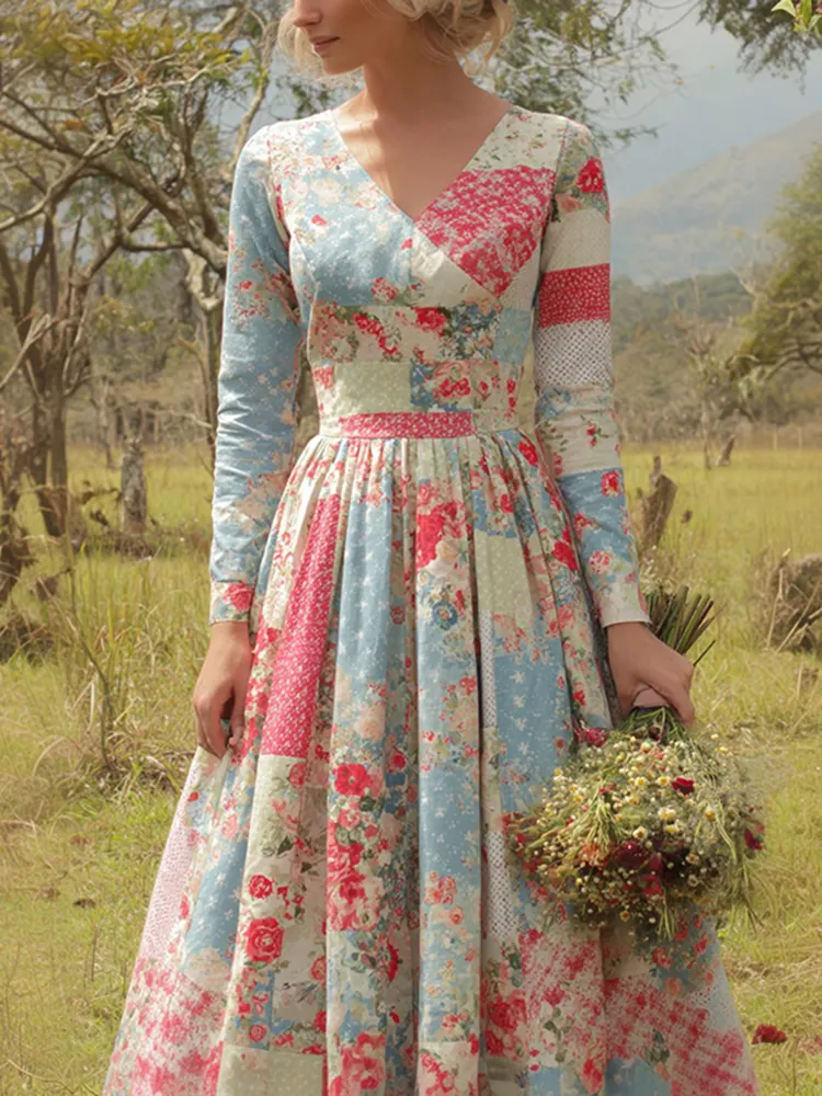 Vintage Floral Art Women's Long Sleeve Maxi V-neck Dress