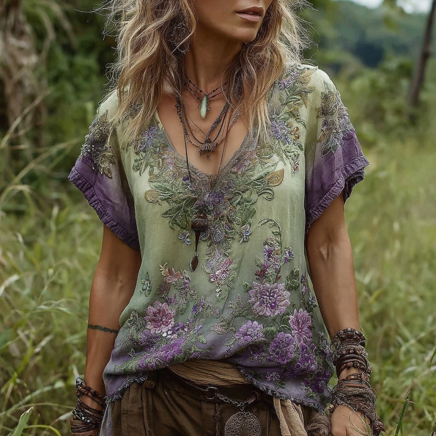 Vintage Flower Embroidery V-neck Short Sleeve T-shirt