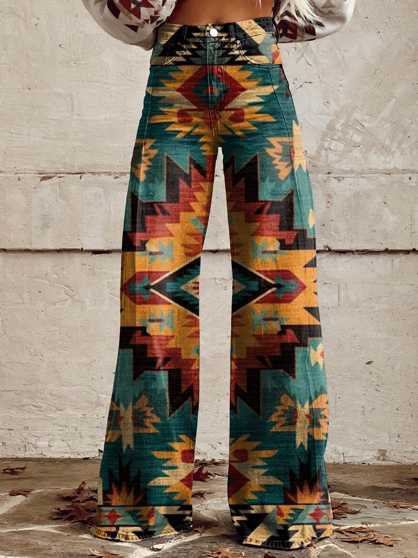 Aztecs Print Casual Wide-Leg Pants