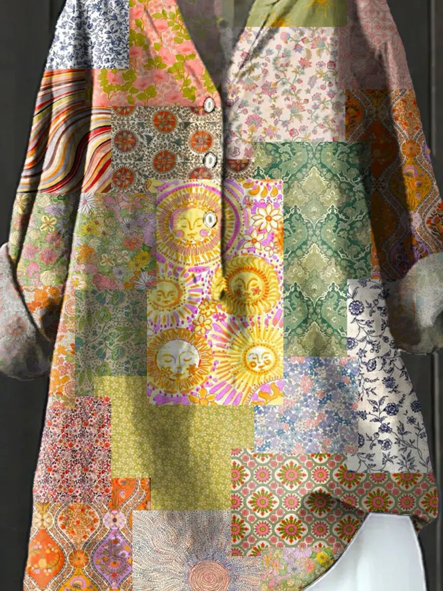 Vintage Ethnic Floral Art Print Casual Cotton & Linen Shirt