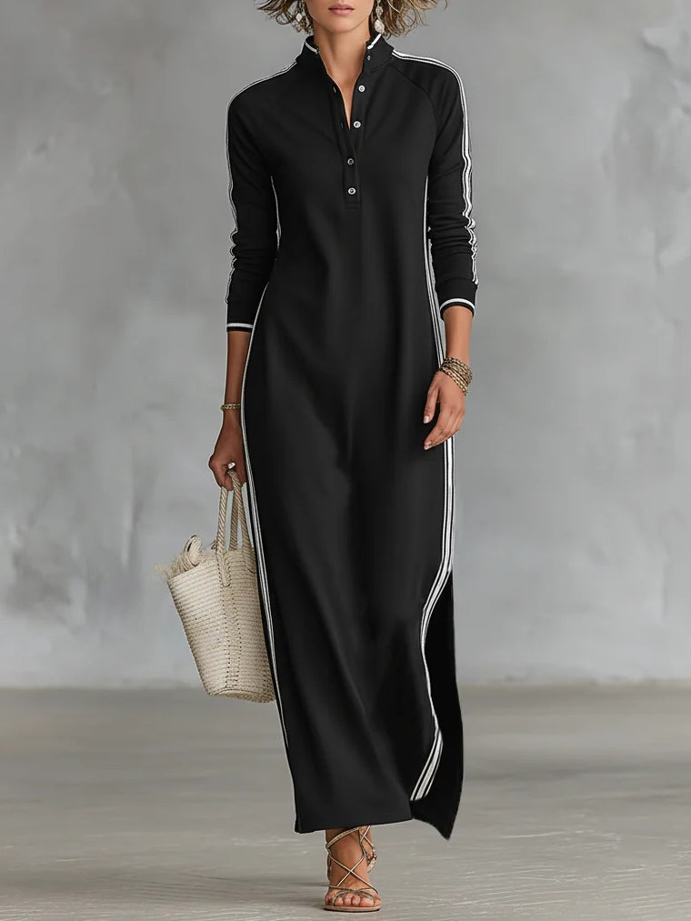Black Minimalist White-trimmed Button-down Sweatshirt Maxi Dress