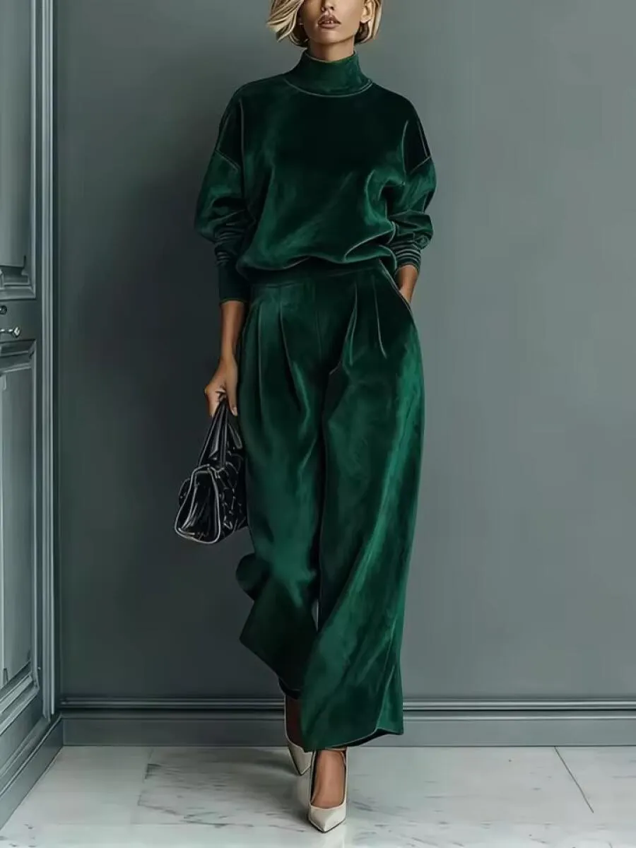 High-Neck Velvet Top & High-Waist Wide-Leg Pants Set – Relaxed Luxury Casual Set