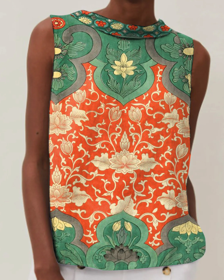 Vintage Floral Print Cotton & Linen Round Neck Sleeveless Top