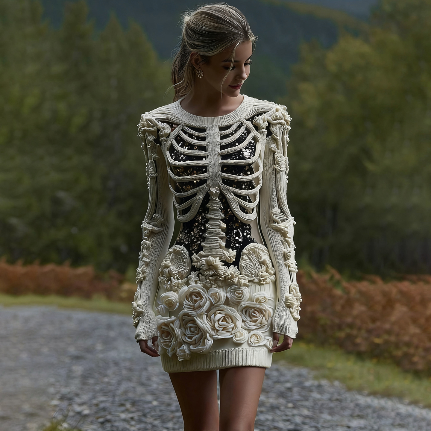 Women's Vintage Halloween Skeleton Bones With Glitter And Rose Art Cozy Knit Mini Sweater Dress