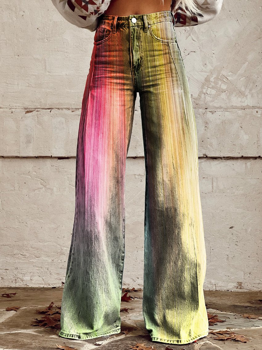 Vintage Print Casual Wide-Leg Pants