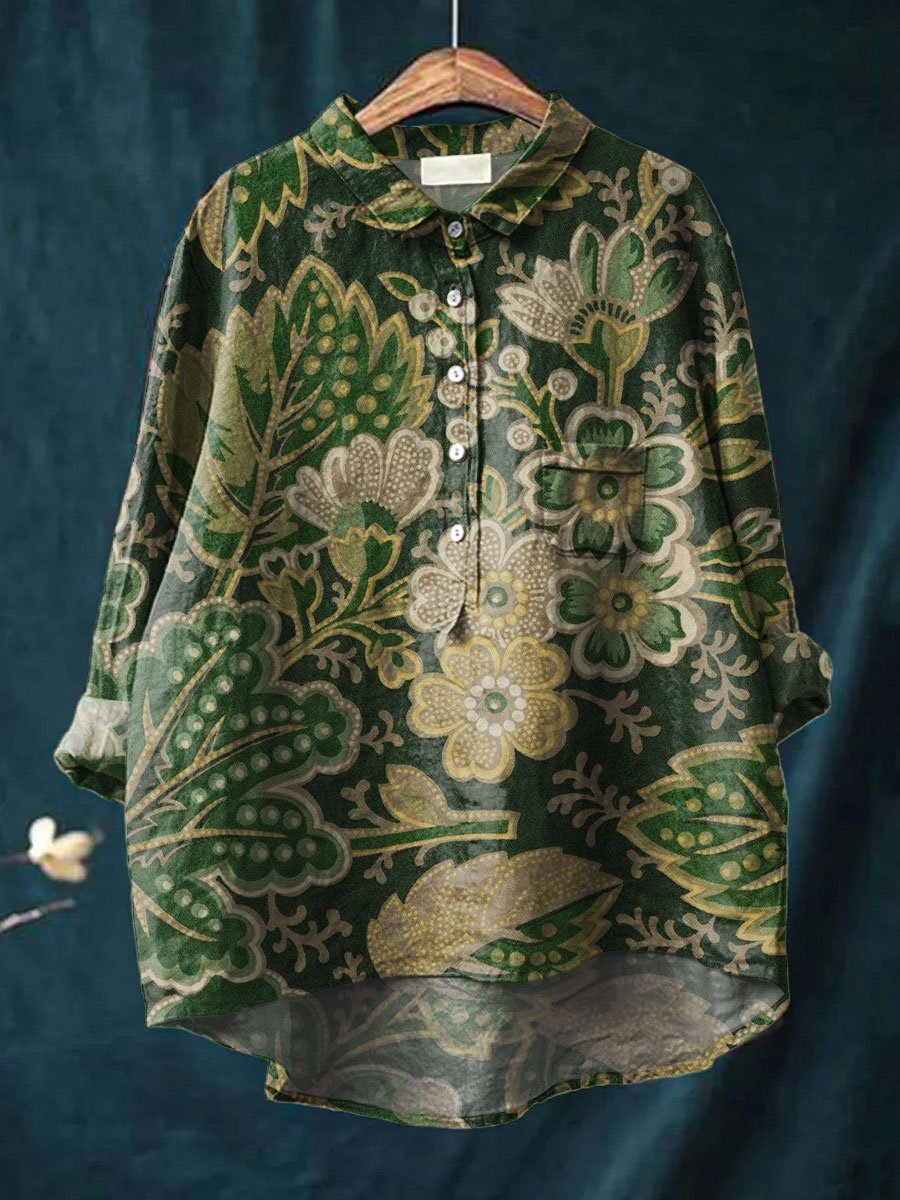 Vintage Flower Print Casual Cotton & Linen Shirt