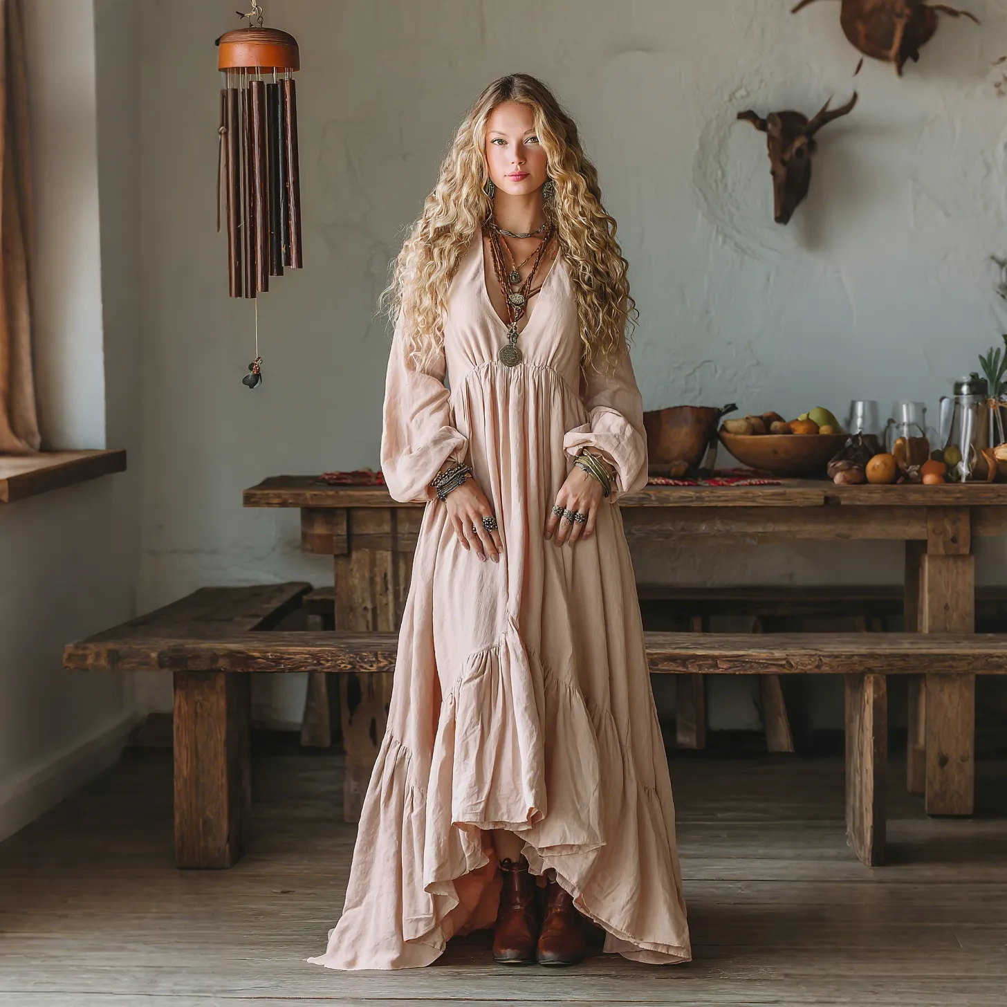 Elegant V-neck High-waisted Long-sleeved Oversized Comfortable And Breathable Dress