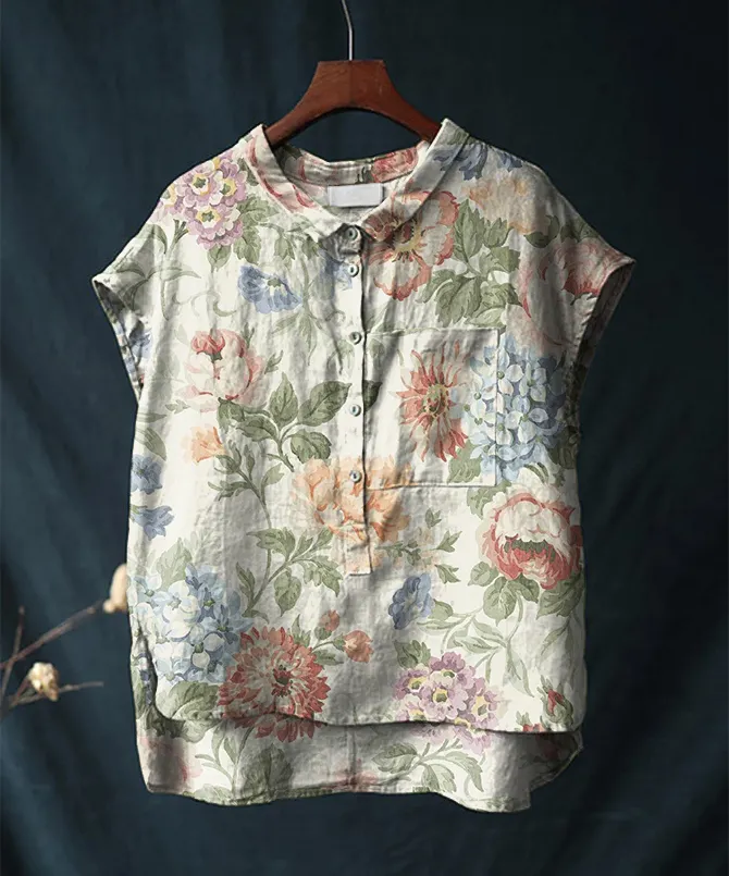 Vintage Floral Print Short-sleeved Cotton & Linen Shirt