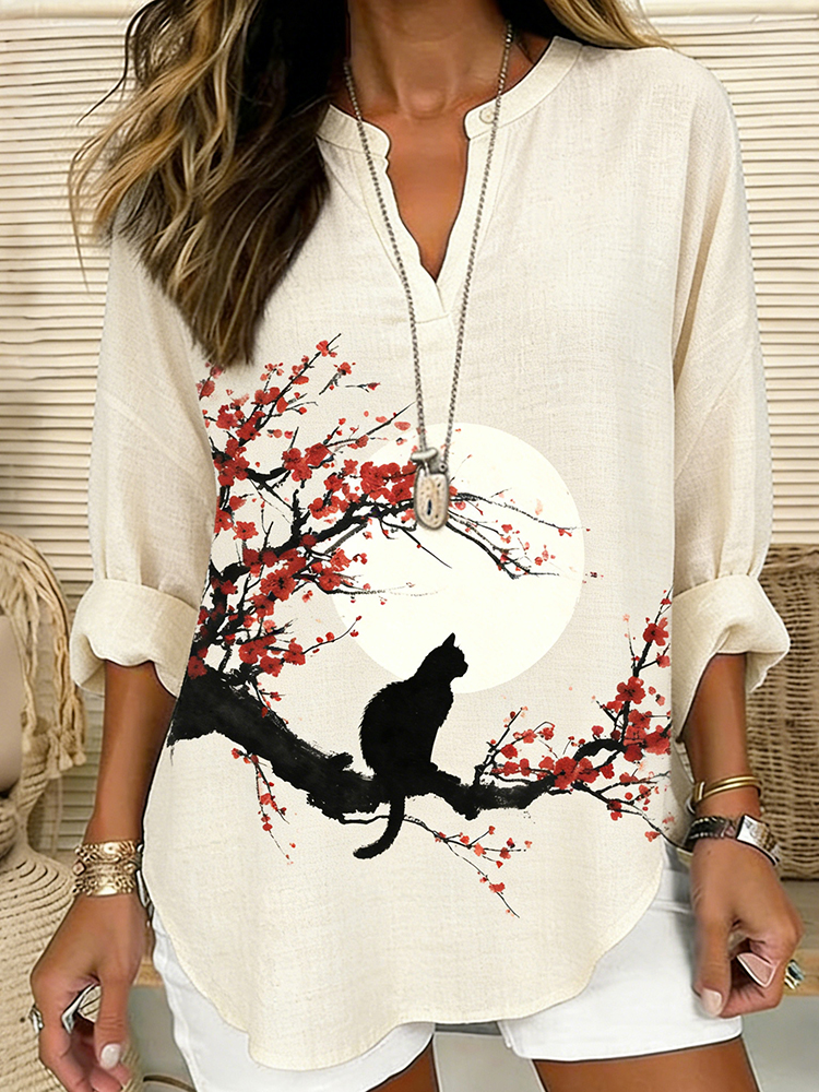 Japanese-style Floral & Cat Pattern Linen Blend T-shirt