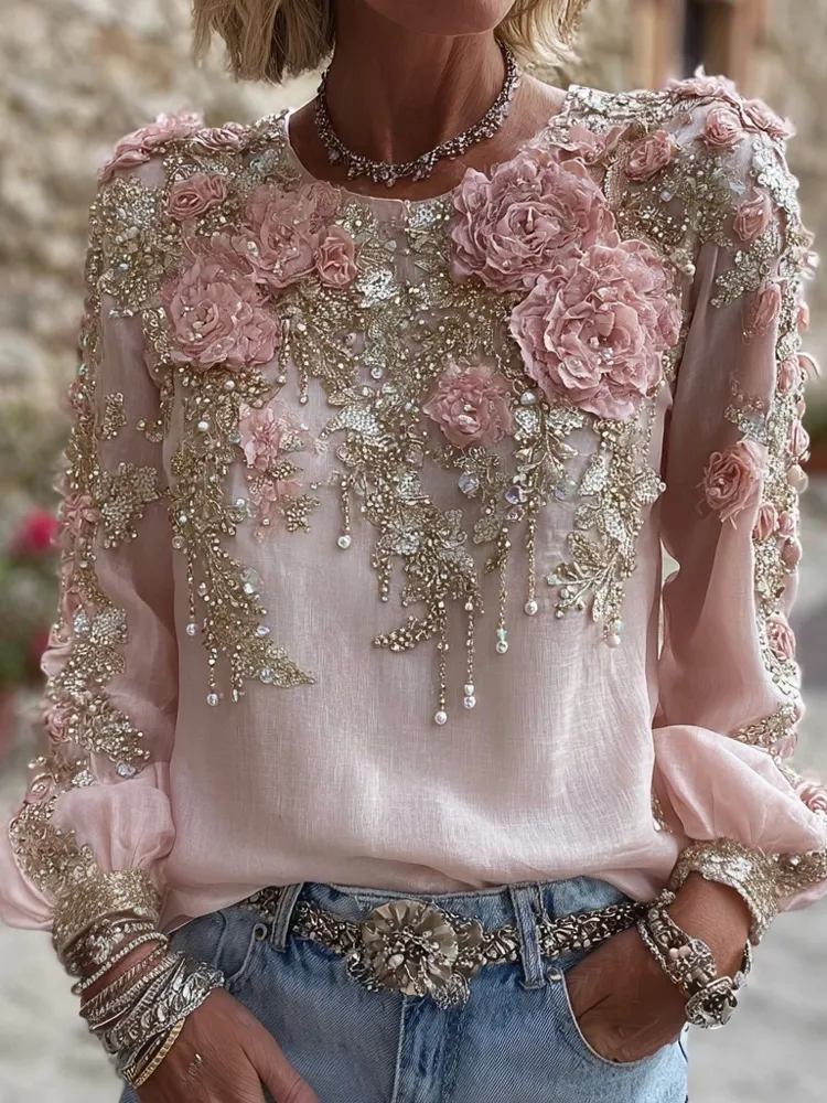 Vintage Pink Roses Glitter Embroidered Cozy Linen Tunic
