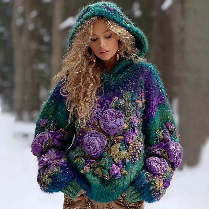 Women's Gradient Rose And Floral Flannel Knitted Warm Hooded Sweater