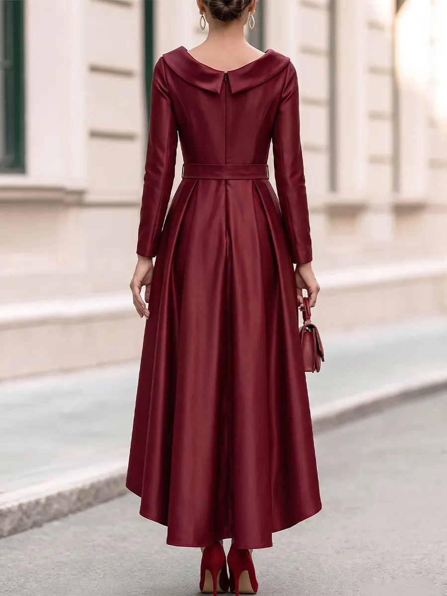 Burgundy Fold Over Collar Long-Sleeve High Low Midi Swing Dress