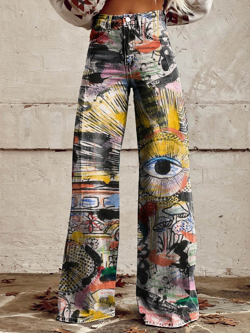 Color Doodle Casual Wide-Leg Pants