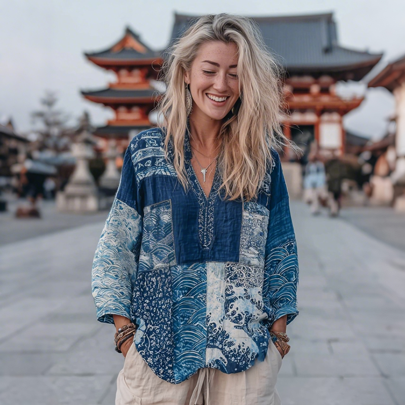 Japanese Style Floral Wave Patchwork Pattern Cozy Top
