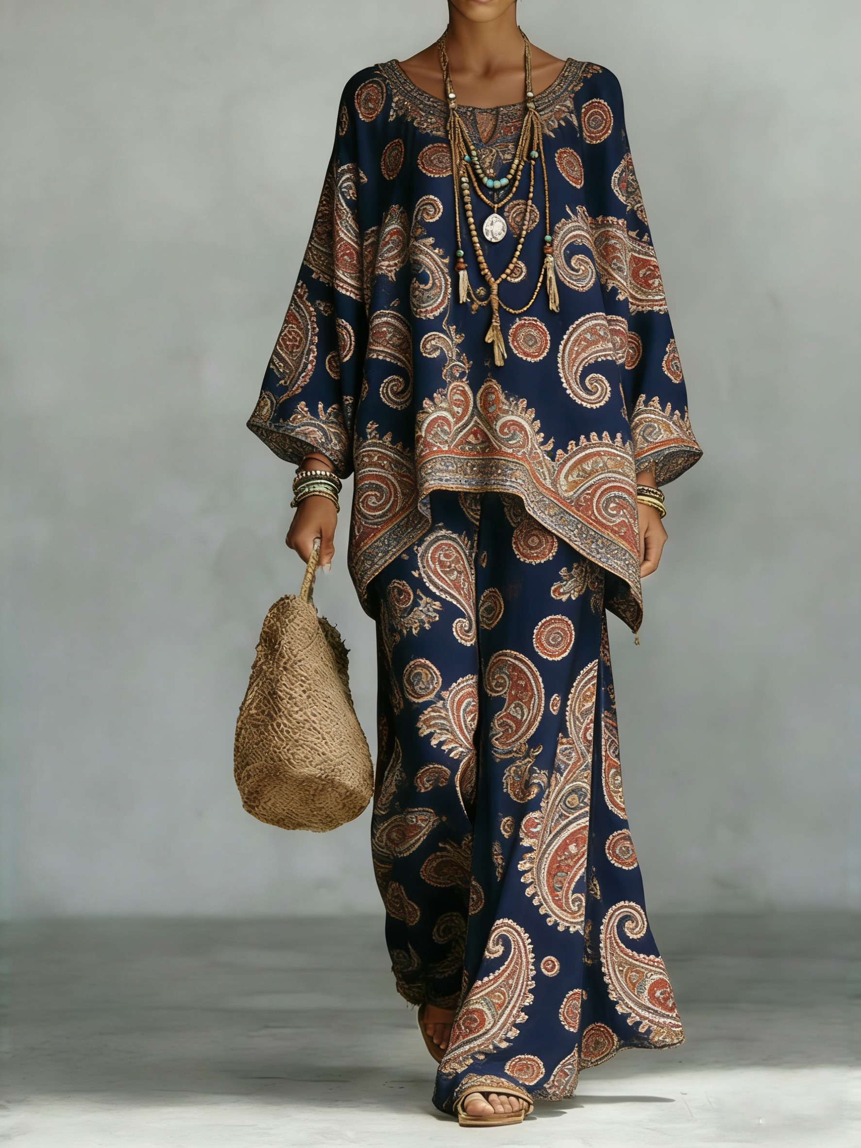 Comfortable & loose print pattern cotton & linen wide-leg pants two-piece set