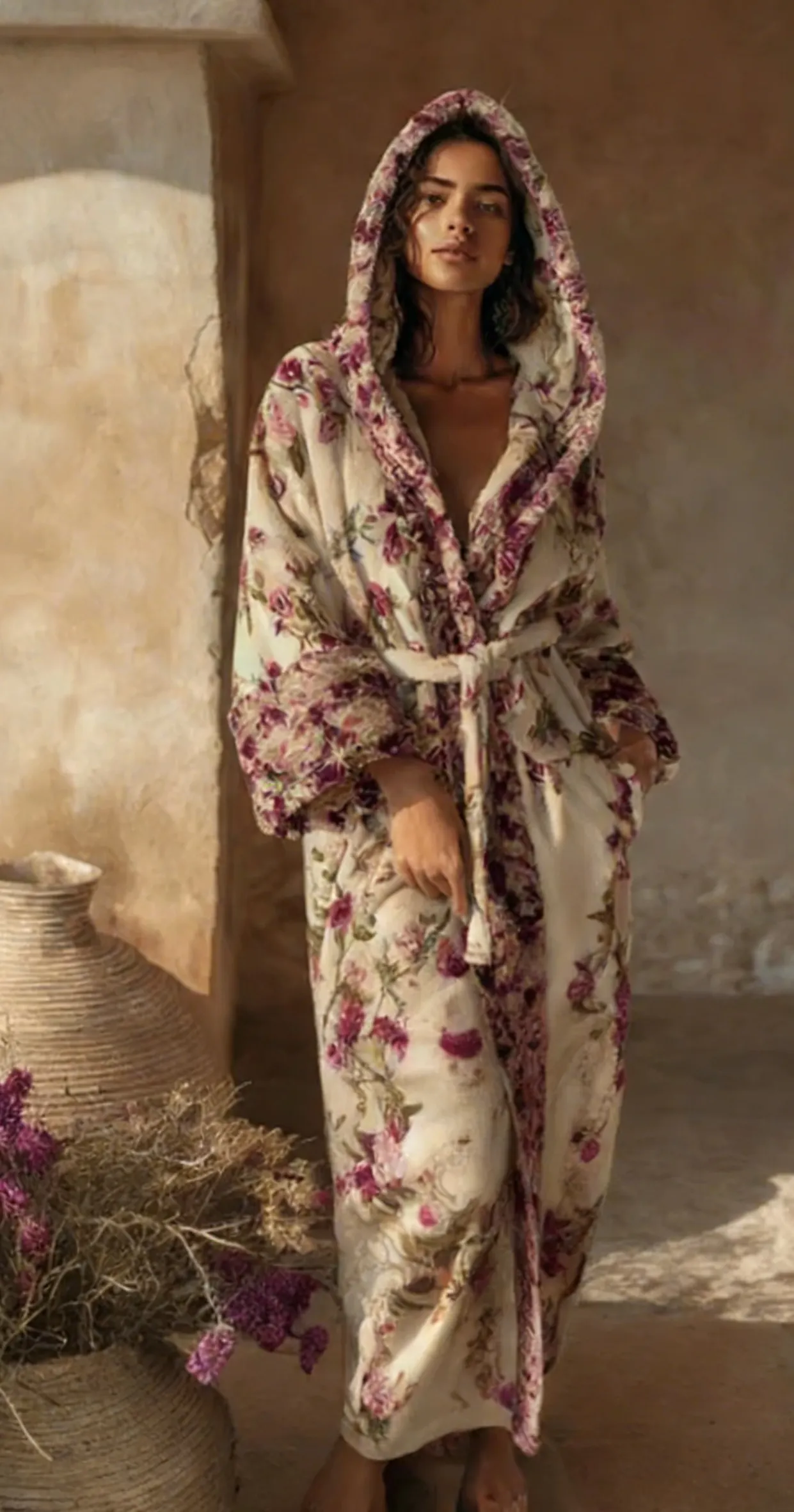 Artistic style women's velvet V-neck hooded robe with belt