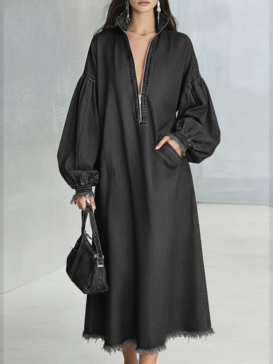 Casual Loose-fitting Denim Dress With Zipper