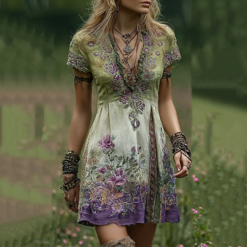 Vintage Gradient Purple Floral Embroidered Patchwork Midi Dress
