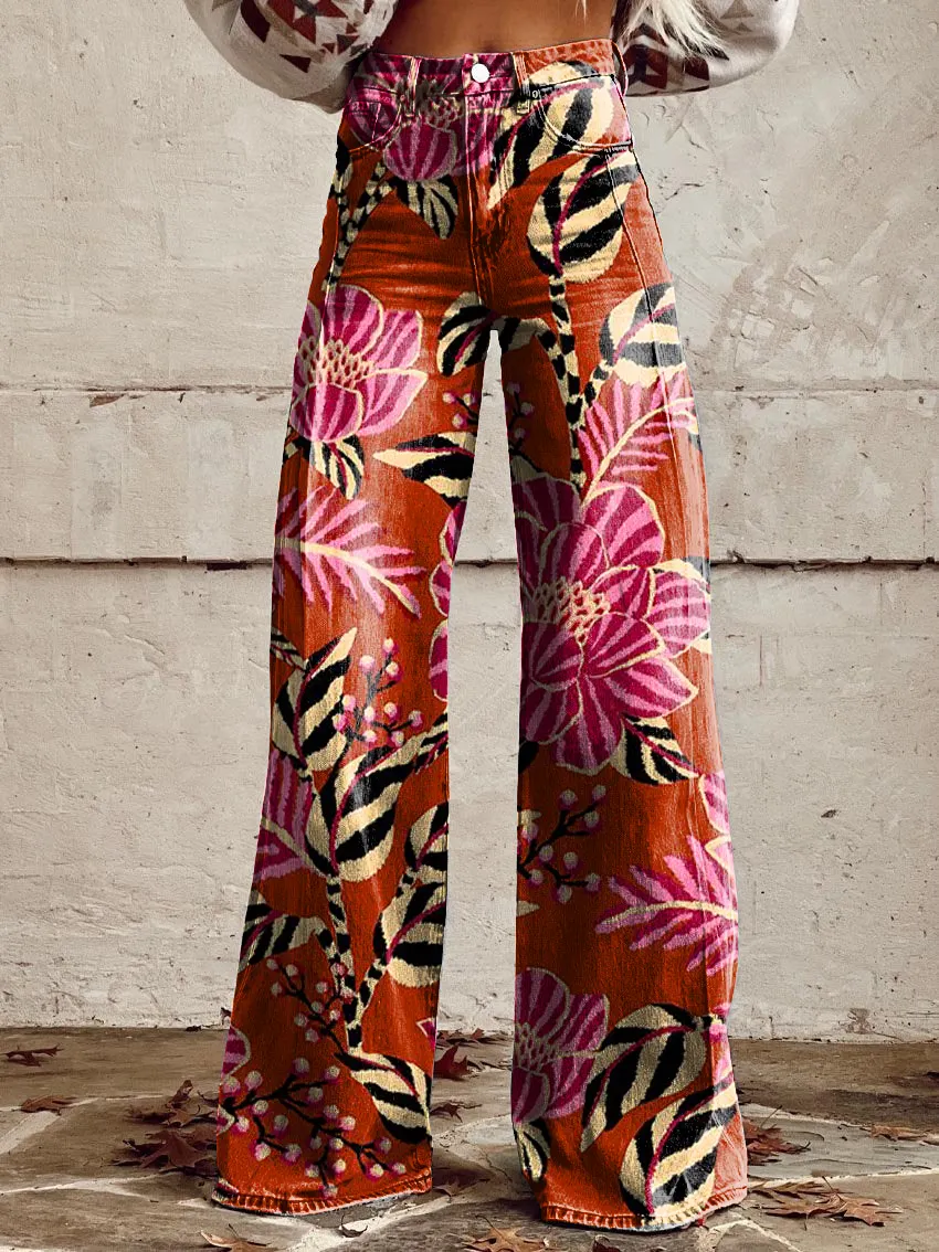 Retro Floral Art Casual Wide-Leg Pants