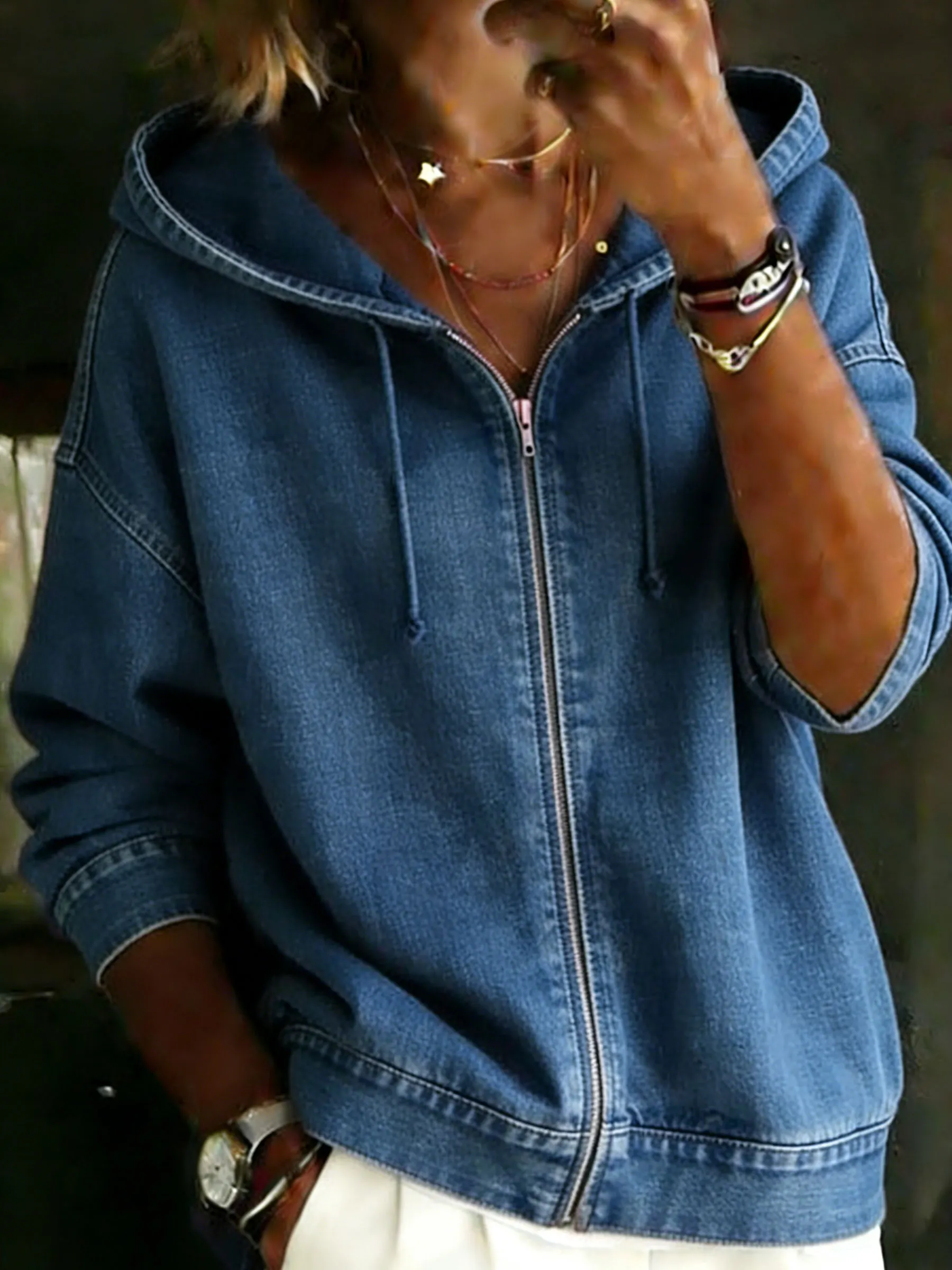 Casual Long-Sleeve Denim Zipper Hoodie Coat