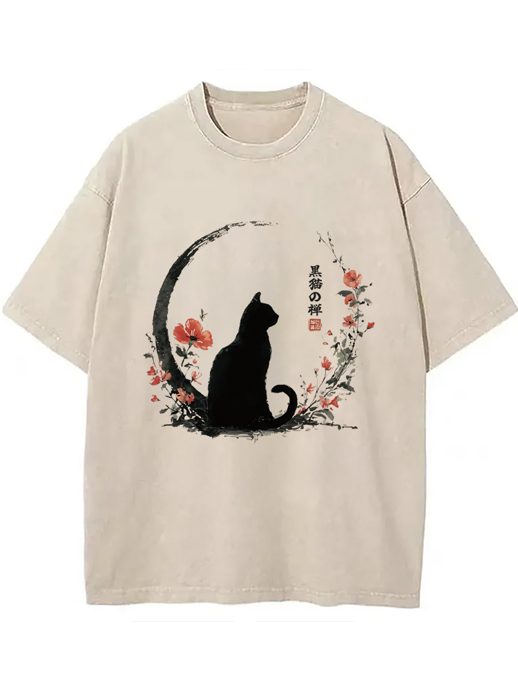 Black Cat & Flowers Washed T-shirt