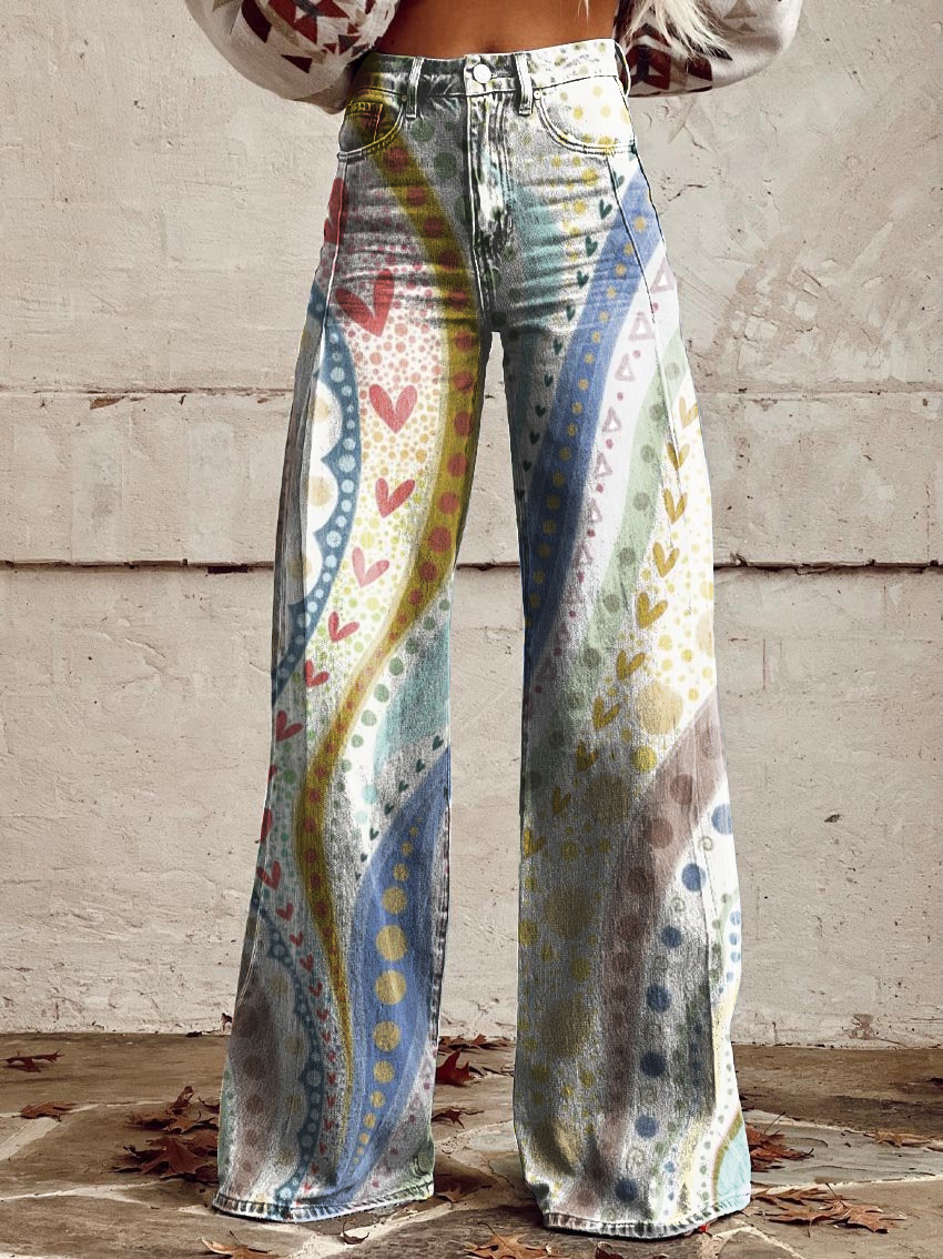 Retro Heart Art Casual Wide-Leg Pants