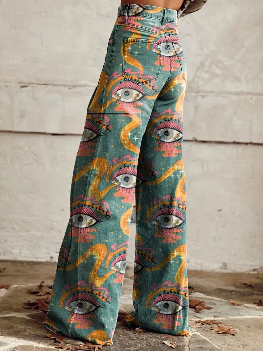 Vintage Print Casual Wide-Leg Pants