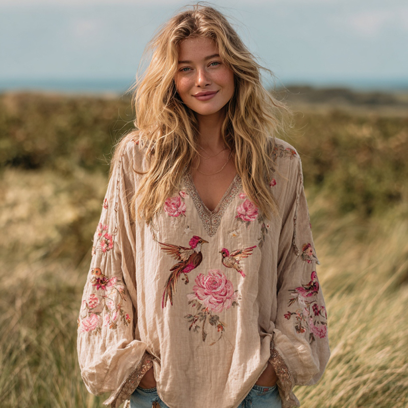 Women's Bohemian Floral And Birds V-neck Long-sleeved T-shirt