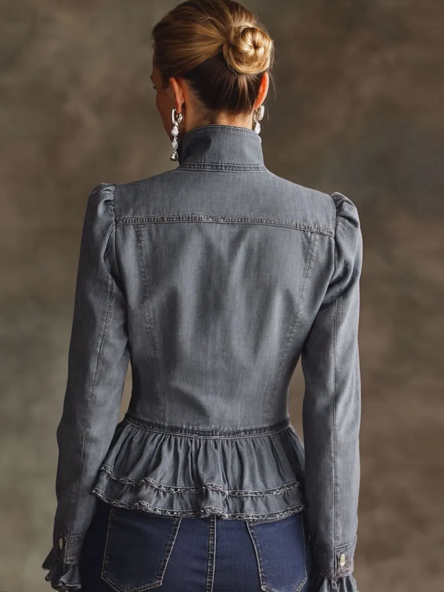 Casual Retro Floral Embroidered Ruffled Gray-blue Denim Jacket
