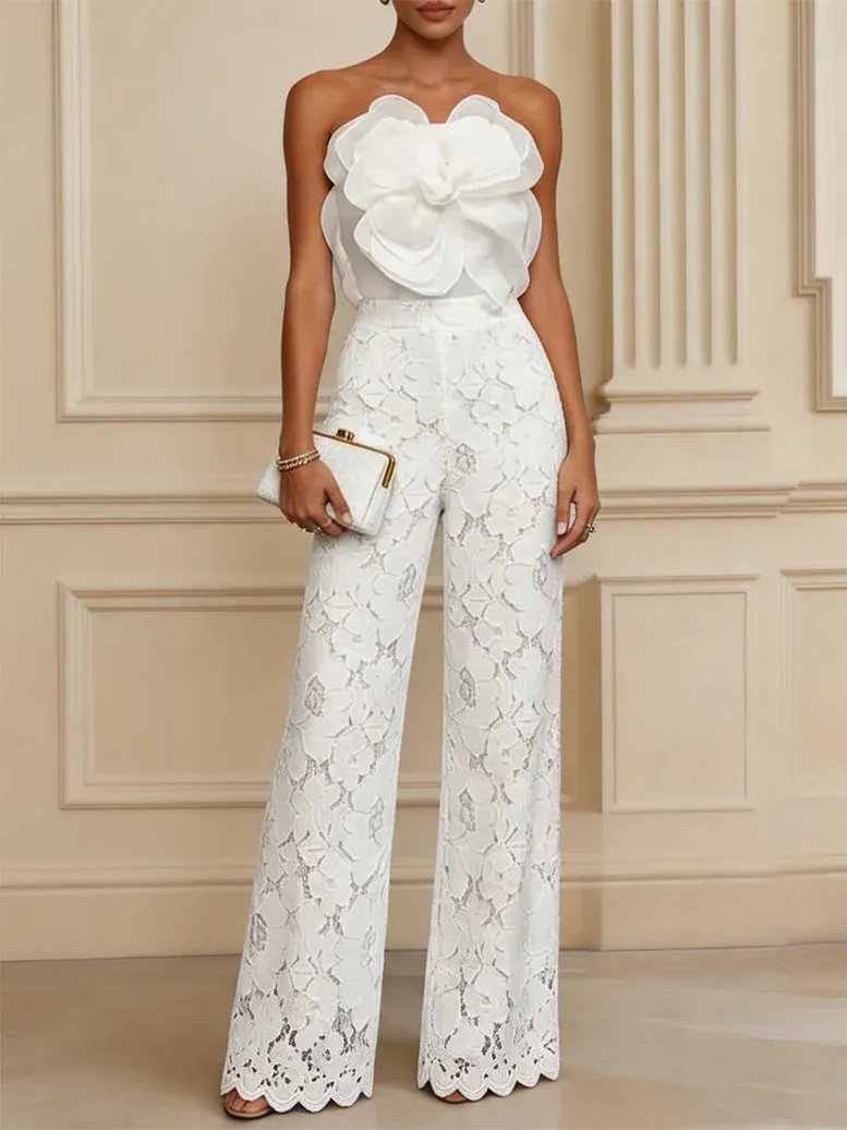 White 3D Floral Lace Strapless Sleeveless Elegant Top With Pants Two-Piece Set