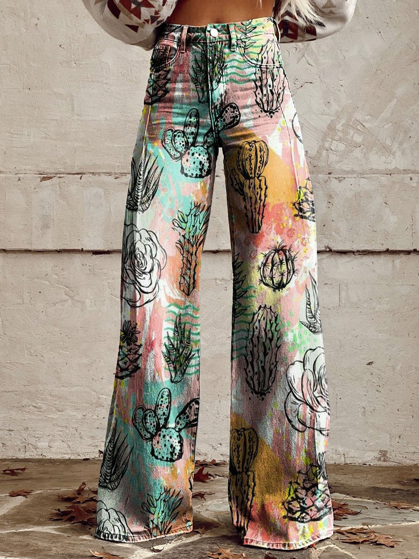 Vintage Print Casual Wide-Leg Pants