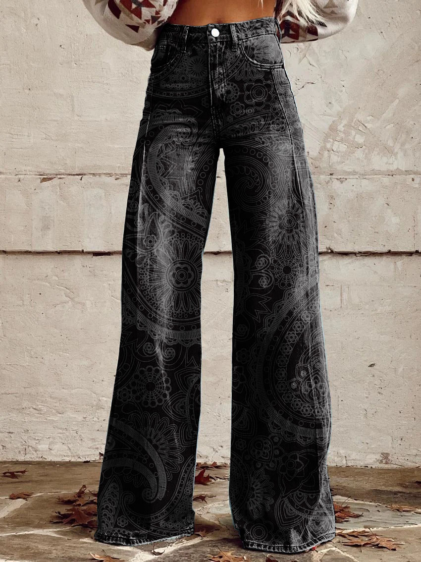 Vintage Paisley Print Casual Wide-Leg Pants