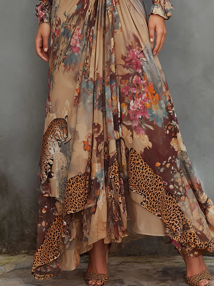 Romantic Flow Bohemian Leopard& Floral Chiffon Maxi Dress