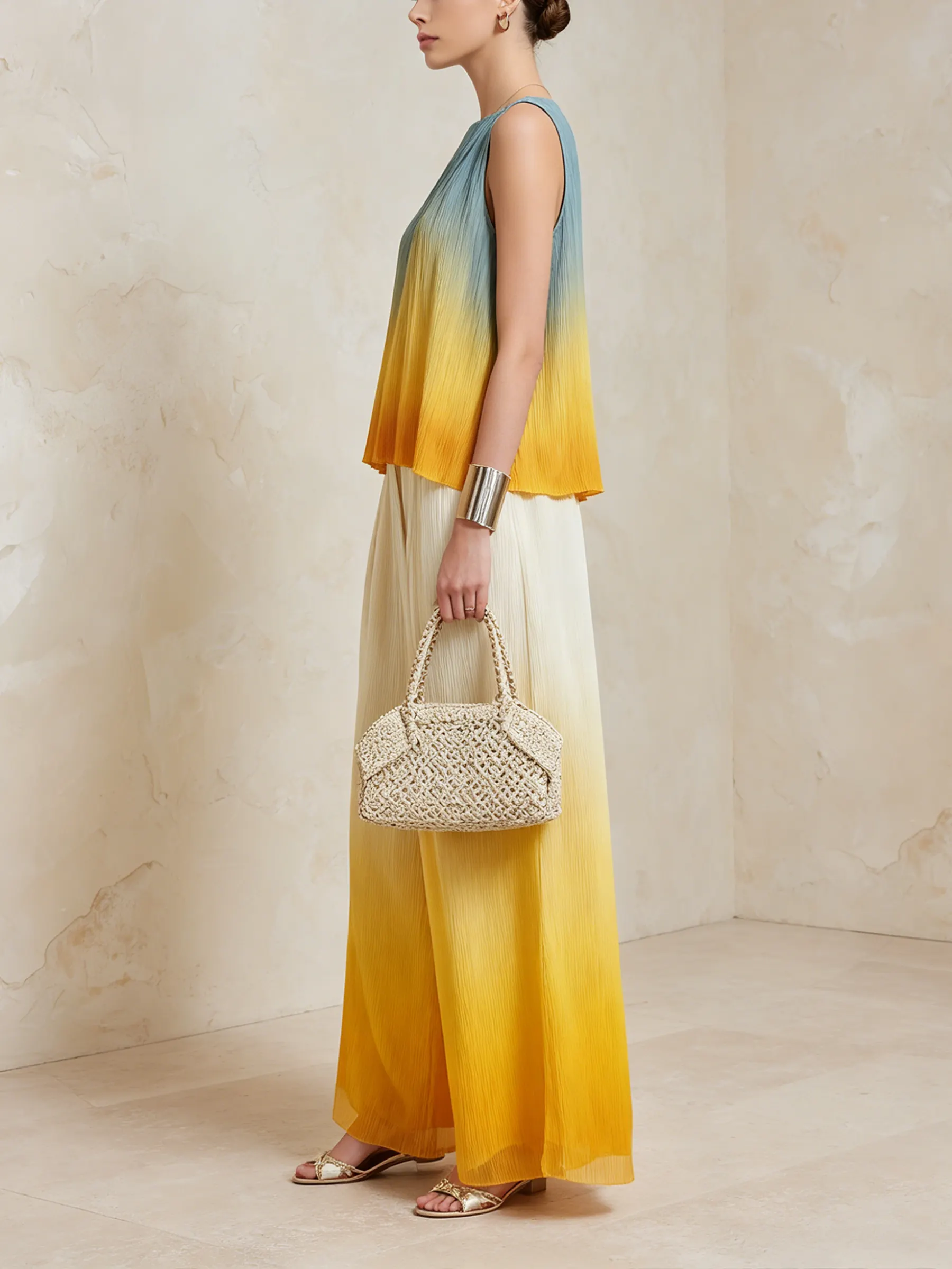 Sunset Ombré Sleeveless Two-Piece Wide-Leg Set